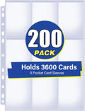 200 Pack 9 Pocket Card Sleeves Binder Sheets, Holds 3600 Cards
