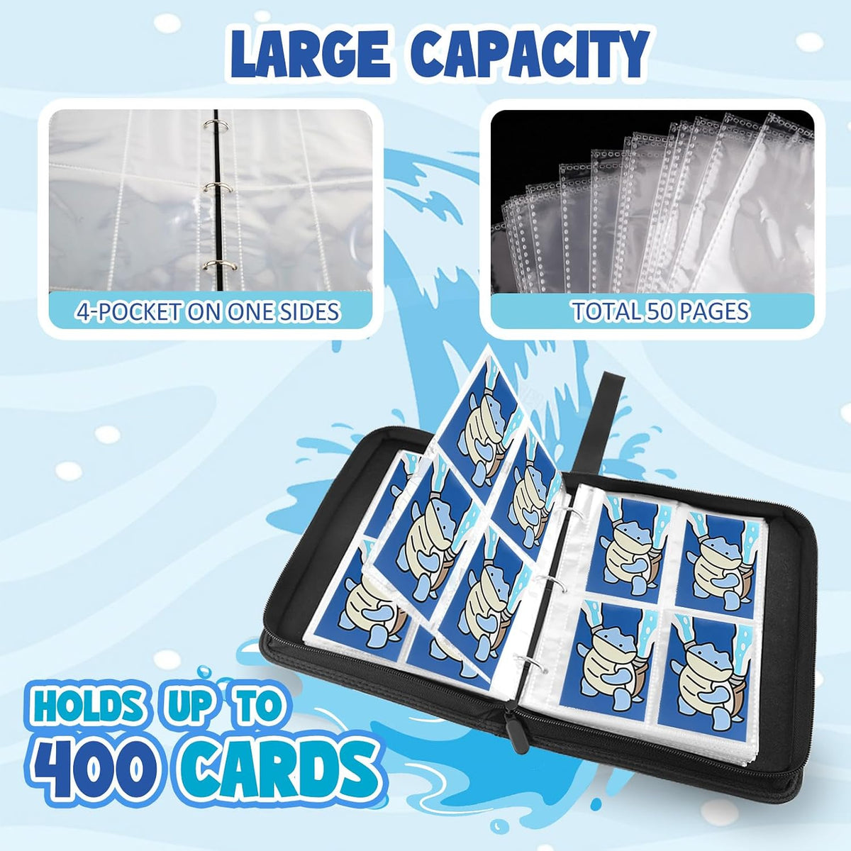 Collectible Trading Card Albums, 400 Card Holders with 50 Removable Sleeves, Portable 4 Pockets Collectible Trading Card Binder, PU Card Collection Binder for MTG, TCG, Sport Card, Game Cards