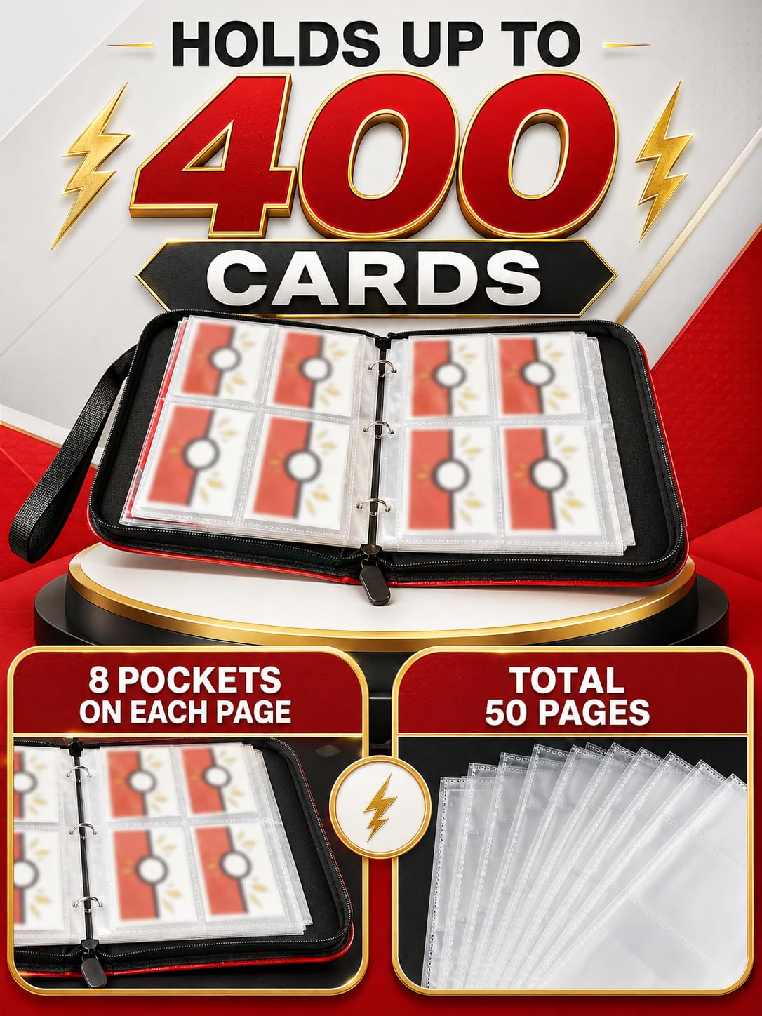 Collectible Trading Card Albums, 400 Card Holders with 50 Removable Sleeves, Portable 4 Pockets Collectible Trading Card Binder, PU Card Collection Binder for MTG, TCG, Sport Card, Game Cards