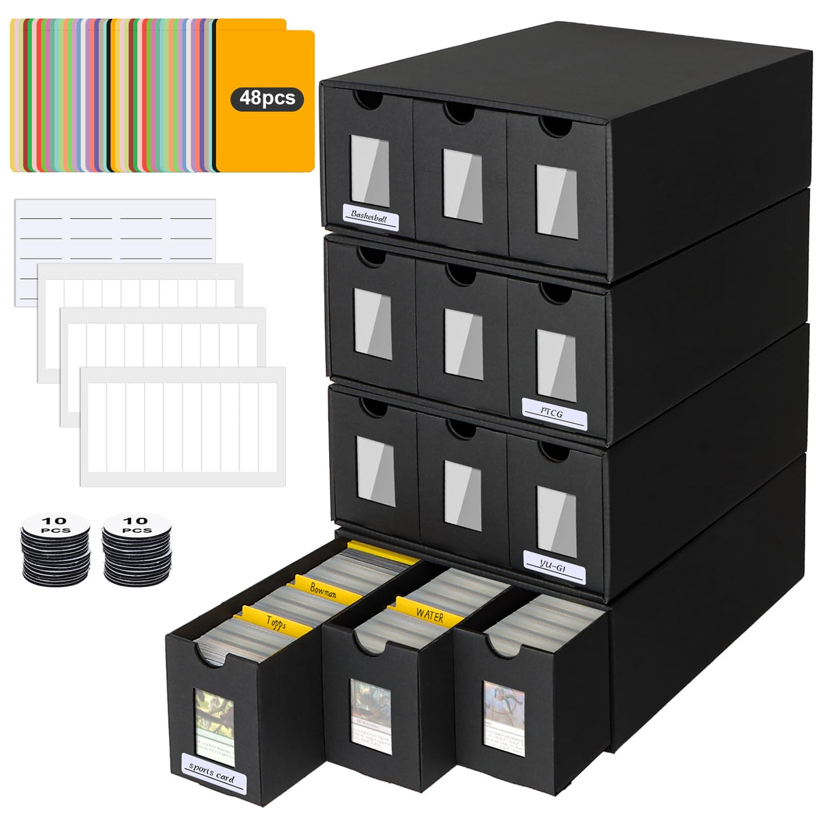 Trading Card Storage Box for Commander Display, 9000+ Trading Card Organizer, Card Deck Box Cardboard with 48 Dividers, Labels & Tapes, Compatible with TCG, PTCG, MTG and Sport Cards