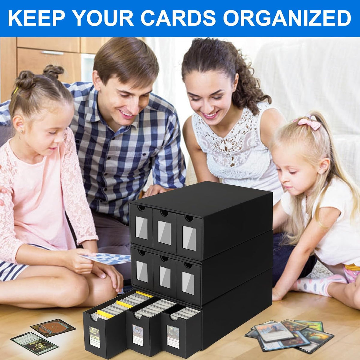 Trading Card Storage Box for Commander Display, 9000+ Trading Card Organizer, Card Deck Box Cardboard with 48 Dividers, Labels & Tapes, Compatible with TCG, PTCG, MTG and Sport Cards