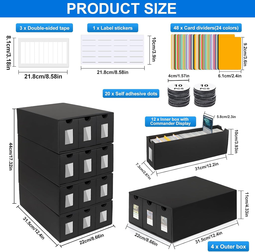 Trading Card Storage Box for Commander Display, 9000+ Trading Card Organizer, Card Deck Box Cardboard with 48 Dividers, Labels & Tapes, Compatible with TCG, PTCG, MTG and Sport Cards