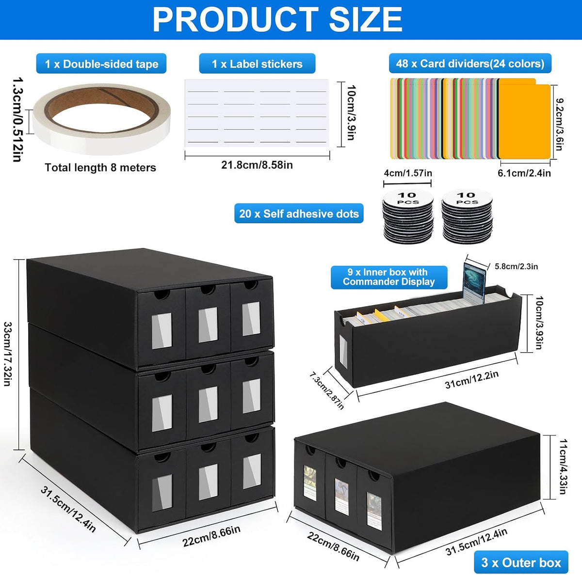 Trading Card Storage Box for Commander Display, 9000+ Trading Card Organizer, Card Deck Box Cardboard with 48 Dividers, Labels & Tapes, Compatible with TCG, PTCG, MTG and Sport Cards
