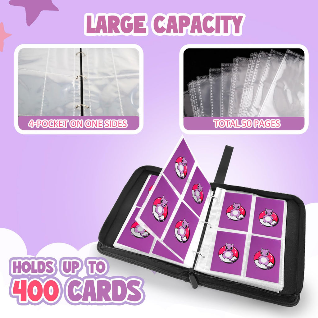 Collectible Trading Card Albums, 400 Card Holders with 50 Removable Sleeves, Portable 4 Pockets Collectible Trading Card Binder, PU Card Collection Binder for MTG, TCG, Sport Card, Game Cards