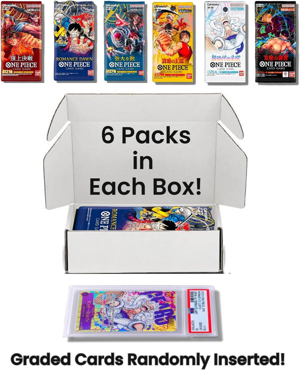One Piece Cards Collection Starter Box │ 6 Sealed Booster Packs (Japanese) │ Assorted Sets – No Duplicate Packs │ 22 Releases & Growing │ 1 in 20 Boxes Contains a Graded Card │ by Slabs of Heat