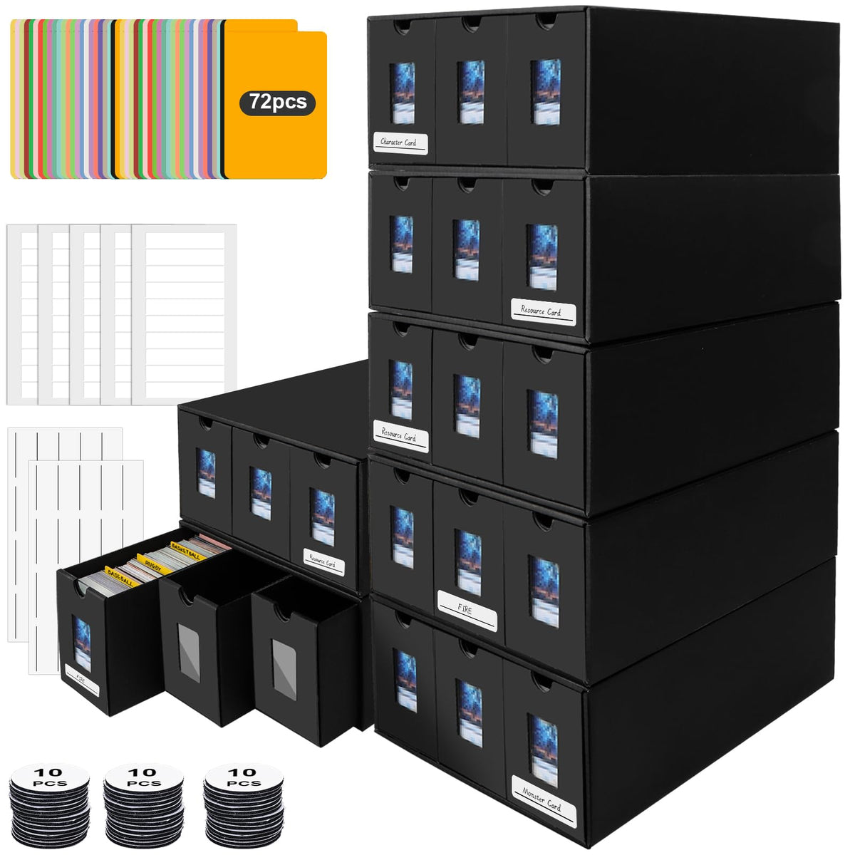 Trading Card Storage Box for Commander Display, 9000+ Trading Card Organizer, Card Deck Box Cardboard with 48 Dividers, Labels & Tapes, Compatible with TCG, PTCG, MTG and Sport Cards