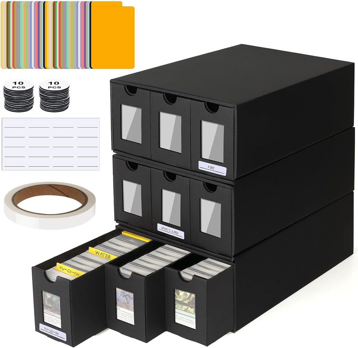Trading Card Storage Box for Commander Display, 9000+ Trading Card Organizer, Card Deck Box Cardboard with 48 Dividers, Labels & Tapes, Compatible with TCG, PTCG, MTG and Sport Cards
