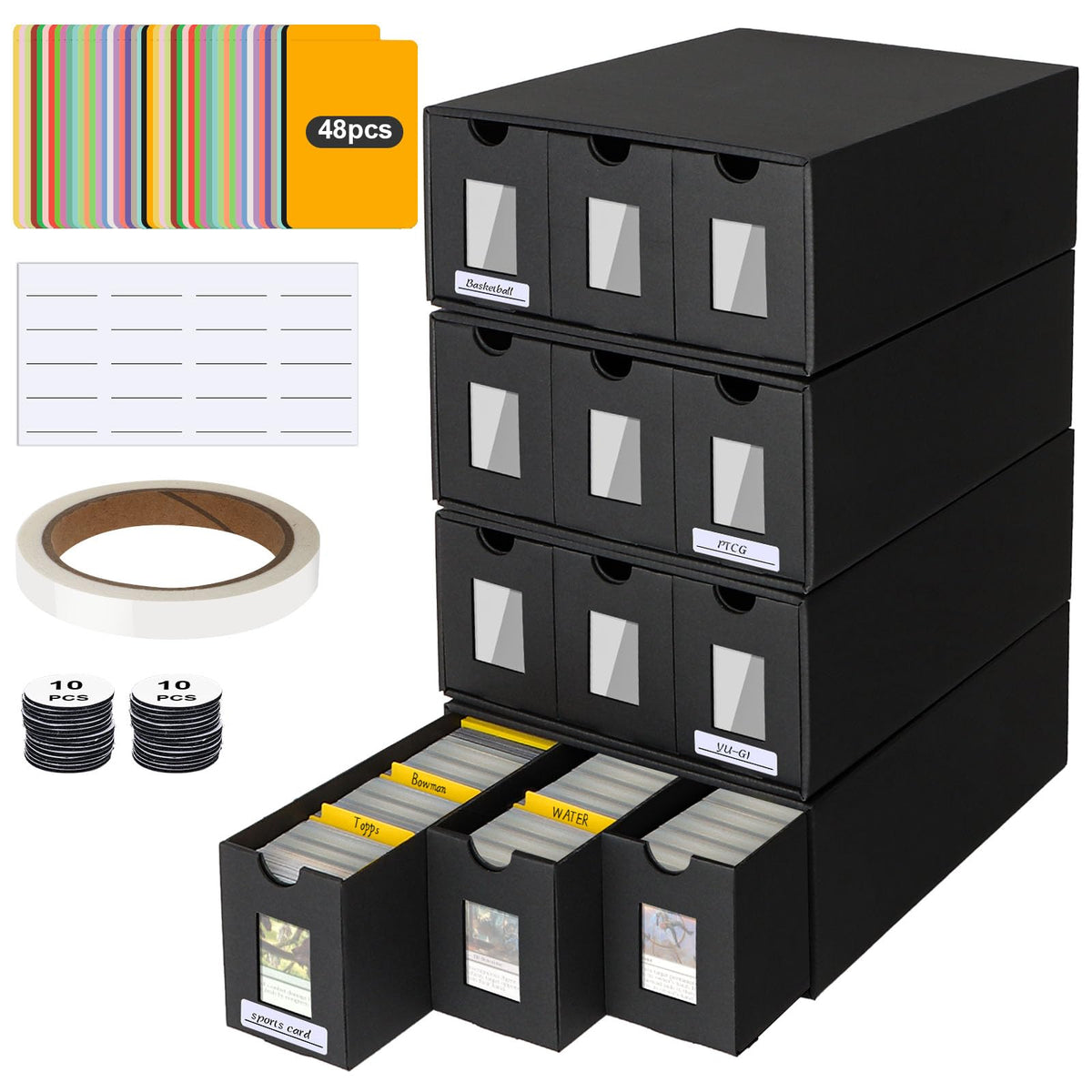Trading Card Storage Box for Commander Display, 9000+ Trading Card Organizer, Card Deck Box Cardboard with 48 Dividers, Labels & Tapes, Compatible with TCG, PTCG, MTG and Sport Cards