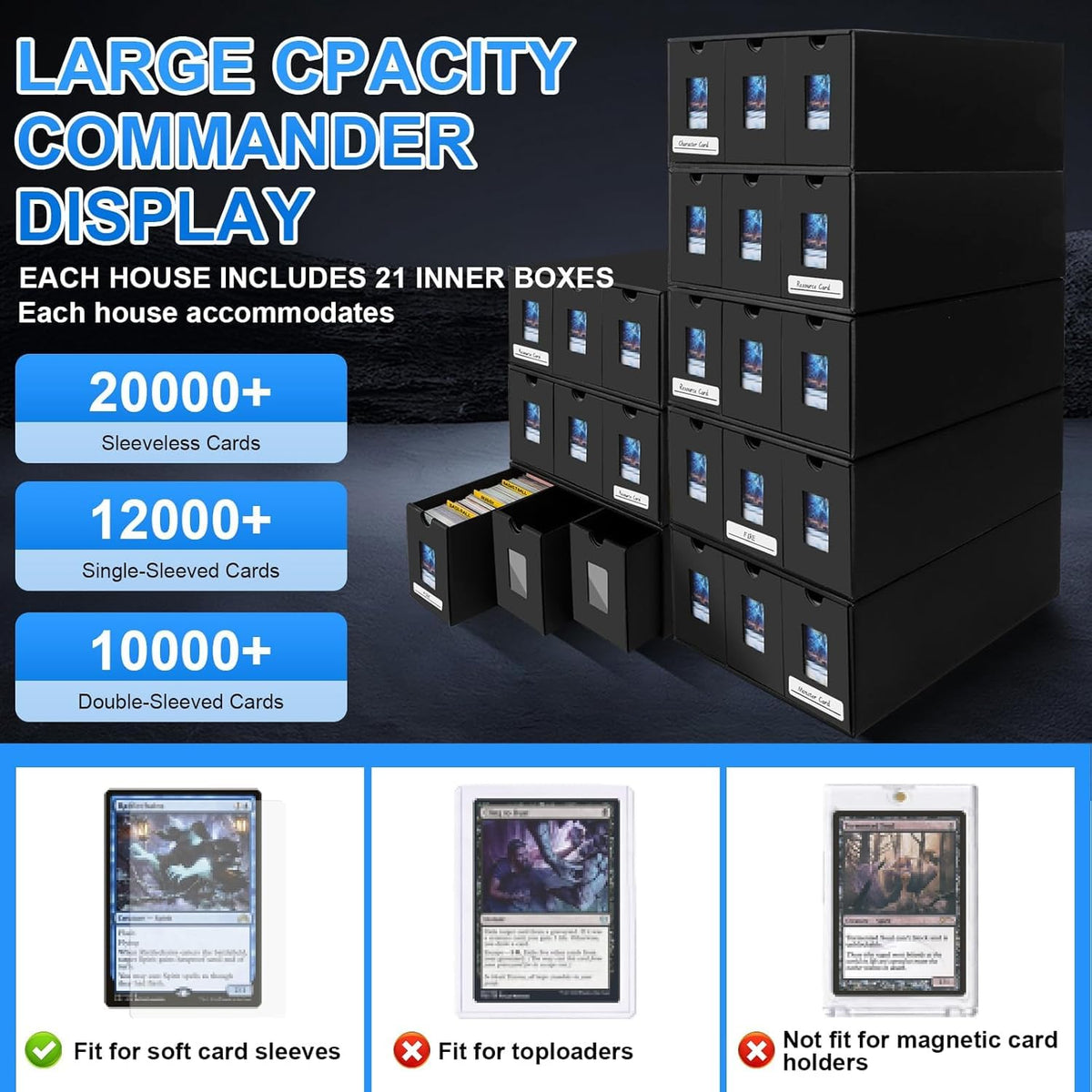 Trading Card Storage Box for Commander Display, 9000+ Trading Card Organizer, Card Deck Box Cardboard with 48 Dividers, Labels & Tapes, Compatible with TCG, PTCG, MTG and Sport Cards