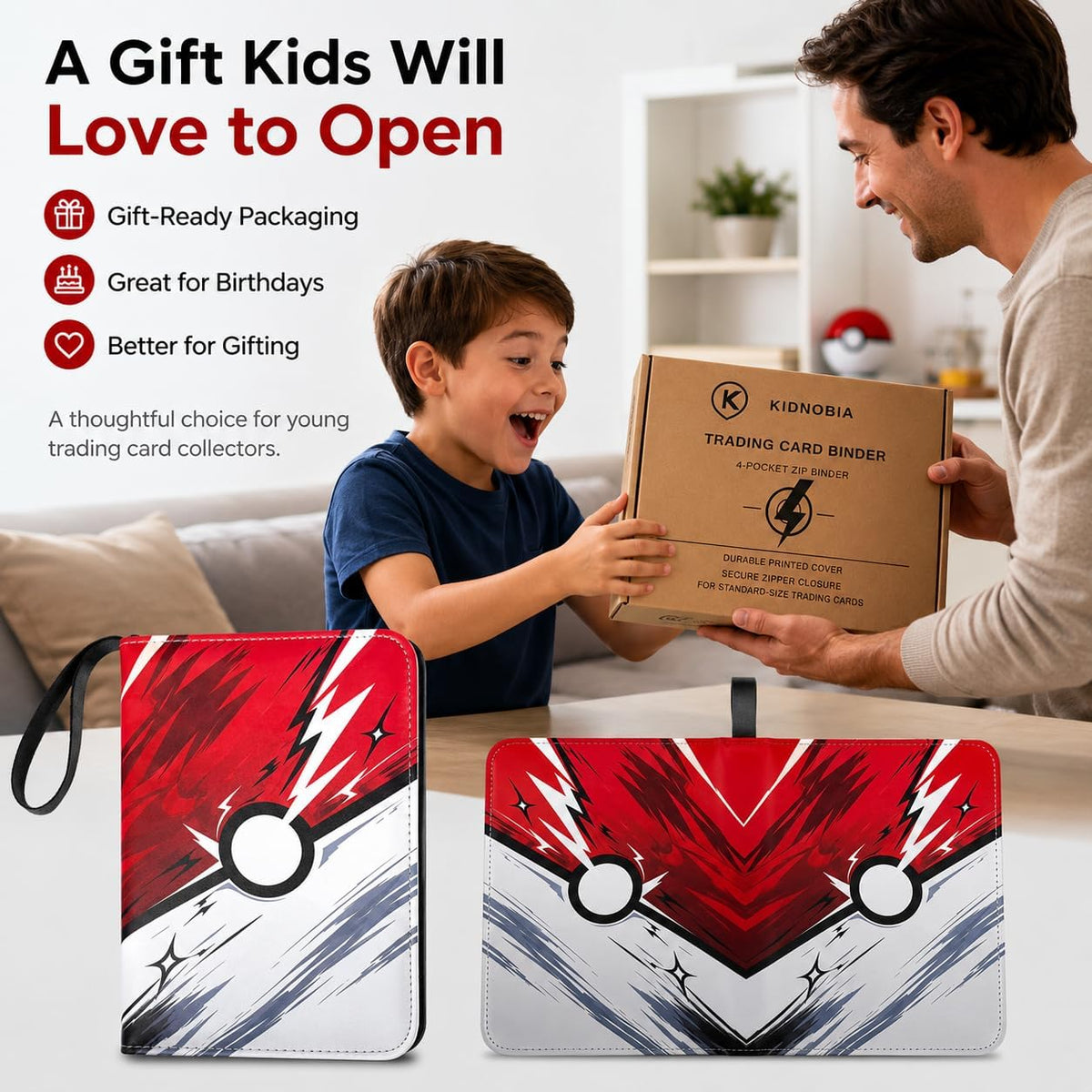 Kidnobia 4-Pocket Trading Card Binder with Zipper Gift Box