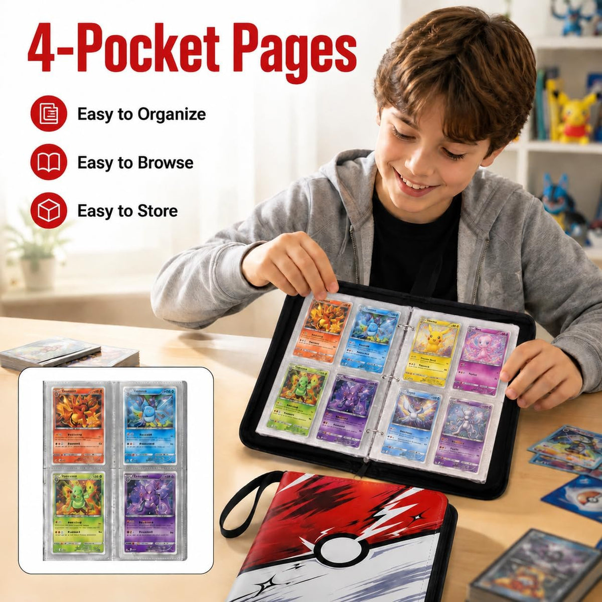 Kidnobia 4-Pocket Trading Card Binder with Zipper Gift Box