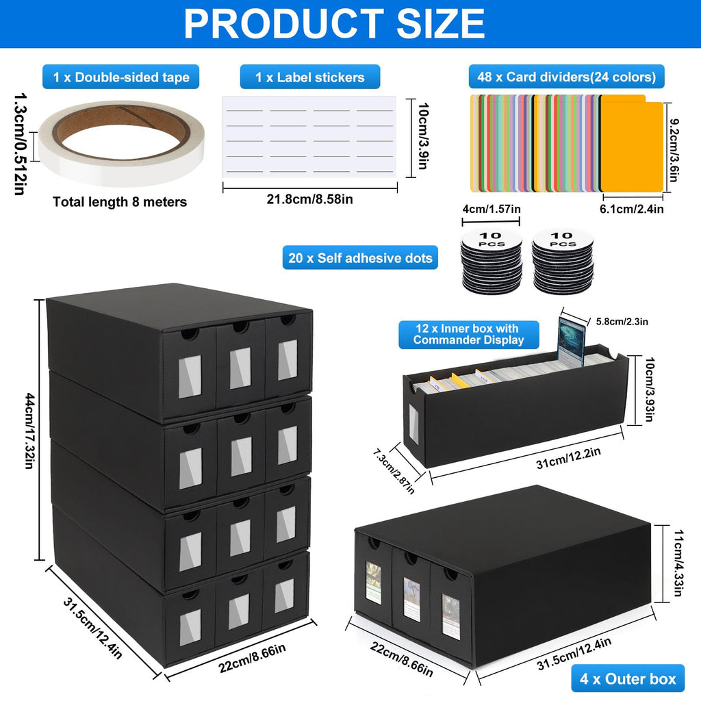 Trading Card Storage Box for Commander Display, 9000+ Trading Card Organizer, Card Deck Box Cardboard with 48 Dividers, Labels & Tapes, Compatible with TCG, PTCG, MTG and Sport Cards