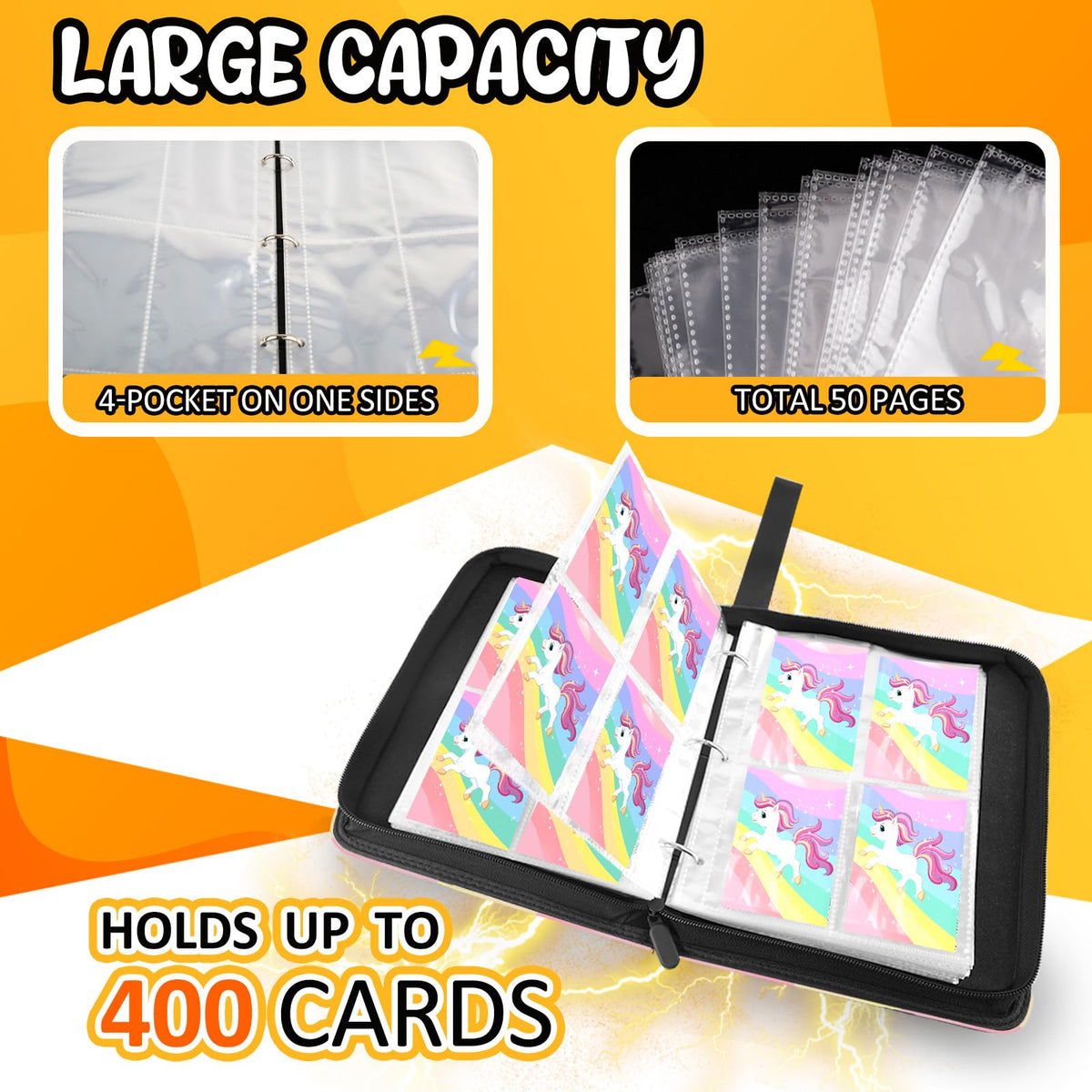 Collectible Trading Card Albums, 400 Card Holders with 50 Removable Sleeves, Portable 4 Pockets Collectible Trading Card Binder, PU Card Collection Binder for MTG, TCG, Sport Card, Game Cards
