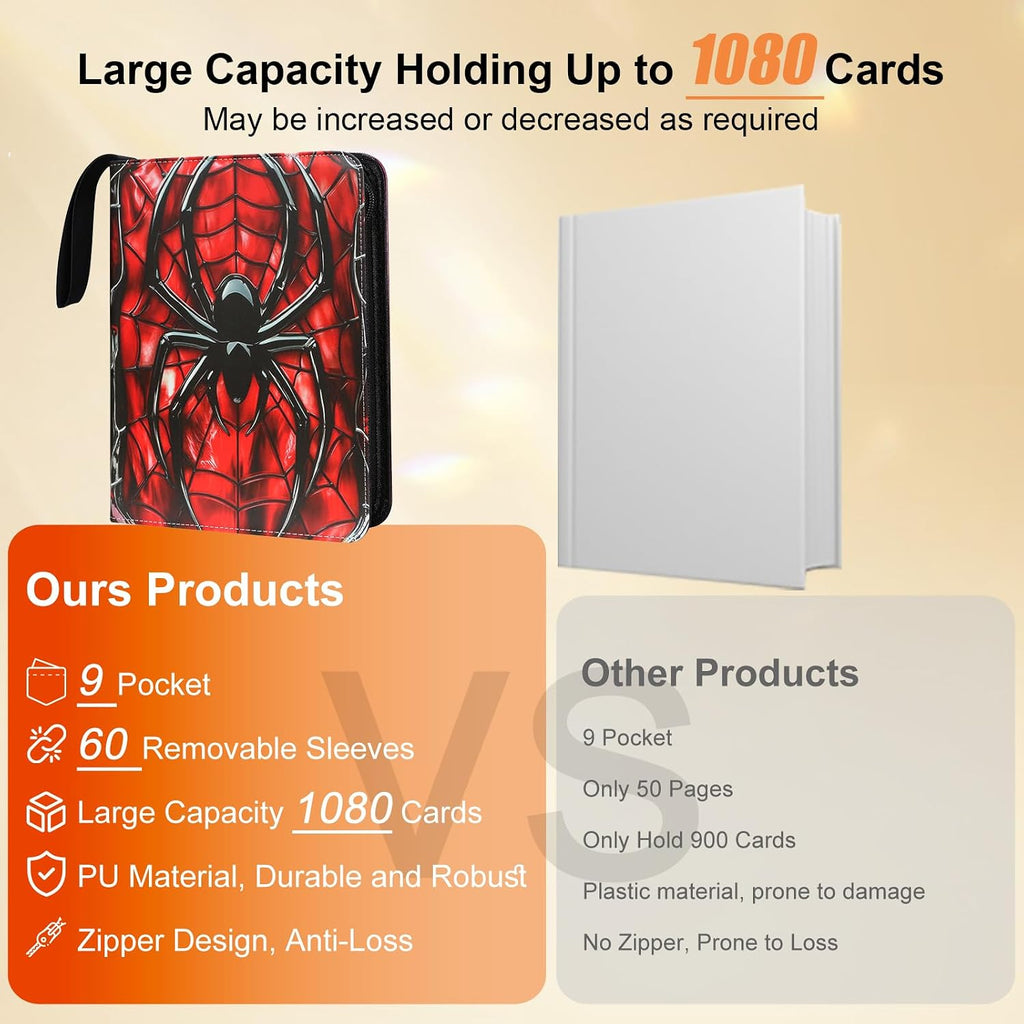 9 Pocket Zipper Trading Card Binder, PU Material Holds 1080 Cards