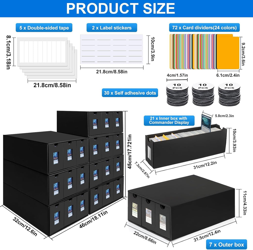 Trading Card Storage Box for Commander Display, 9000+ Trading Card Organizer, Card Deck Box Cardboard with 48 Dividers, Labels & Tapes, Compatible with TCG, PTCG, MTG and Sport Cards