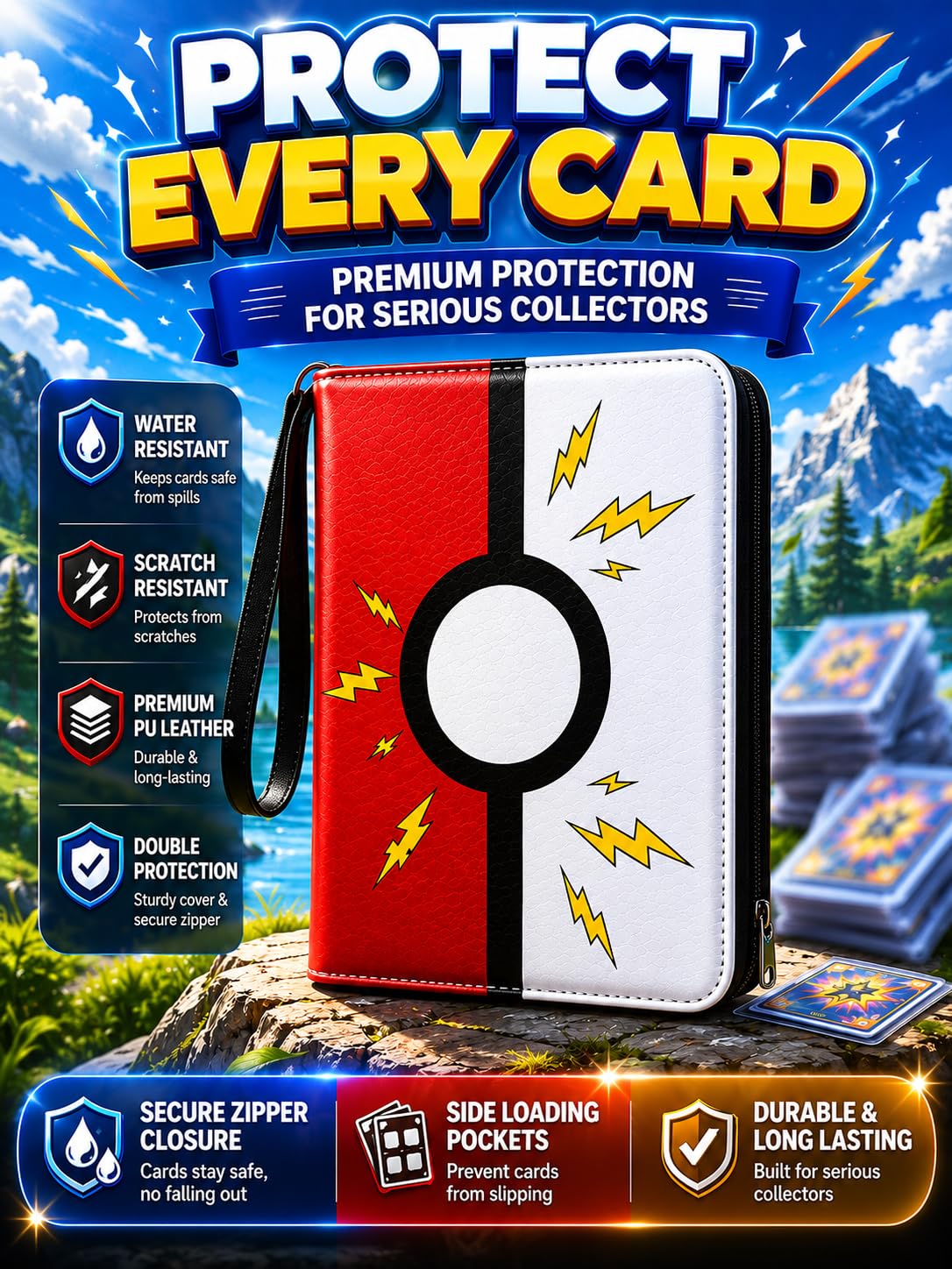 Collectible Trading Card Albums, 400 Card Holders with 50 Removable Sleeves, Portable 4 Pockets Collectible Trading Card Binder, PU Card Collection Binder for MTG, TCG, Sport Card, Game Cards