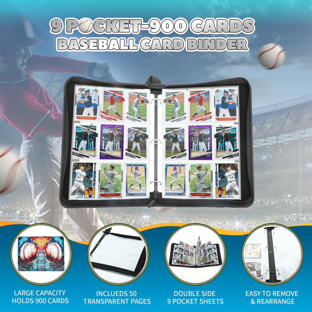 9 Pockets Trading Card Binder with Sleeves Card Organizer, 900 Double Sided Pocket PU Card Collection Binder, Baseball Binder,for Sports Card, MTG, TCG Yugioh Card (Blue)