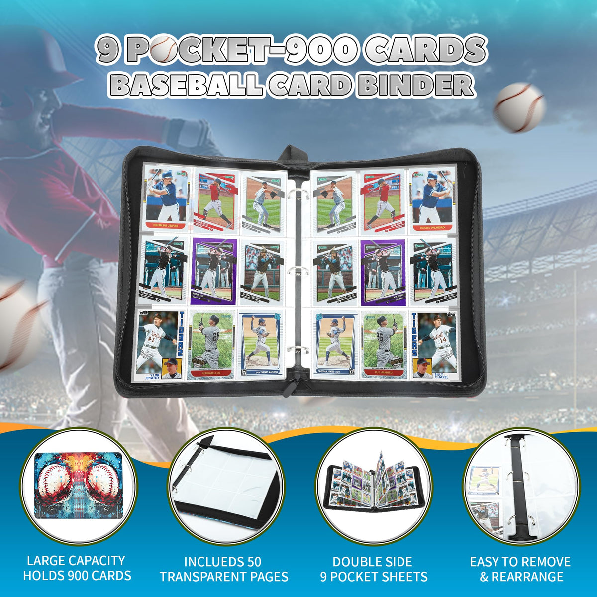 9 Pockets Trading Card Binder with Sleeves Card Organizer, 900 Double Sided Pocket PU Card Collection Binder, Baseball Binder,for Sports Card, MTG, TCG Yugioh Card (Blue)