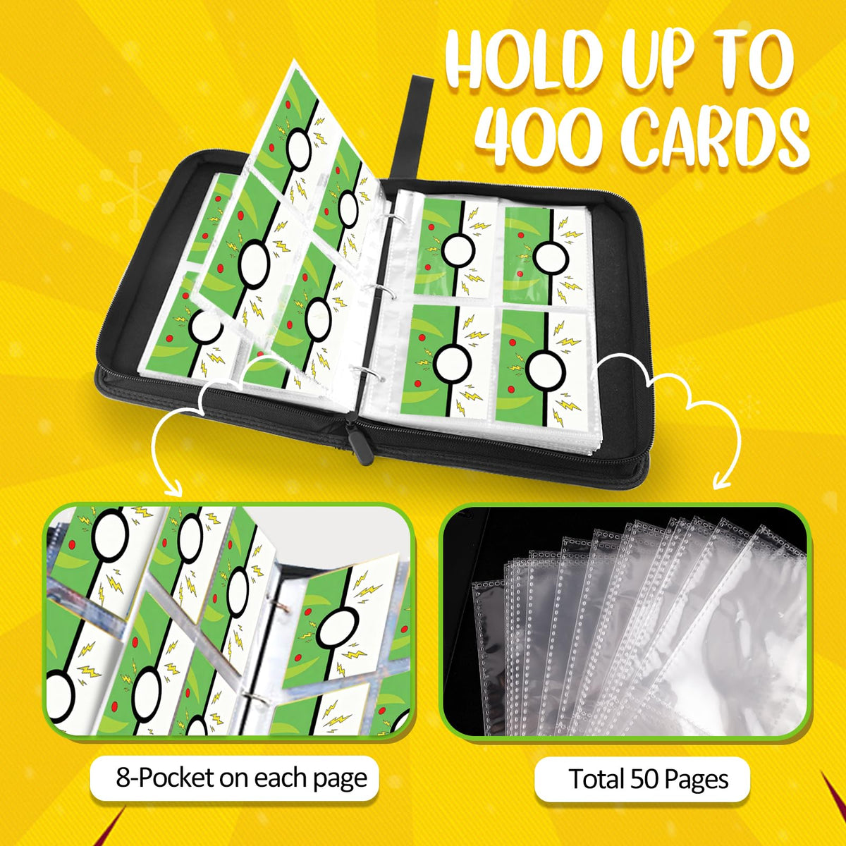 Collectible Trading Card Albums, 400 Card Holders with 50 Removable Sleeves, Portable 4 Pockets Collectible Trading Card Binder, PU Card Collection Binder for MTG, TCG, Sport Card, Game Cards