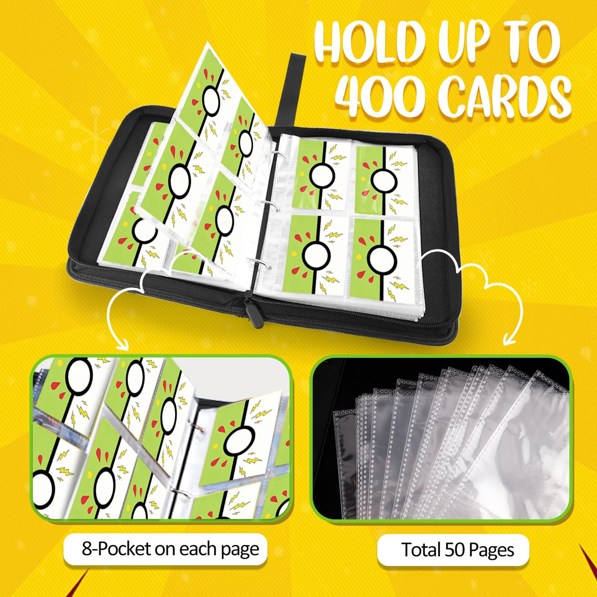 Collectible Trading Card Albums, 400 Card Holders with 50 Removable Sleeves, Portable 4 Pockets Collectible Trading Card Binder, PU Card Collection Binder for MTG, TCG, Sport Card, Game Cards