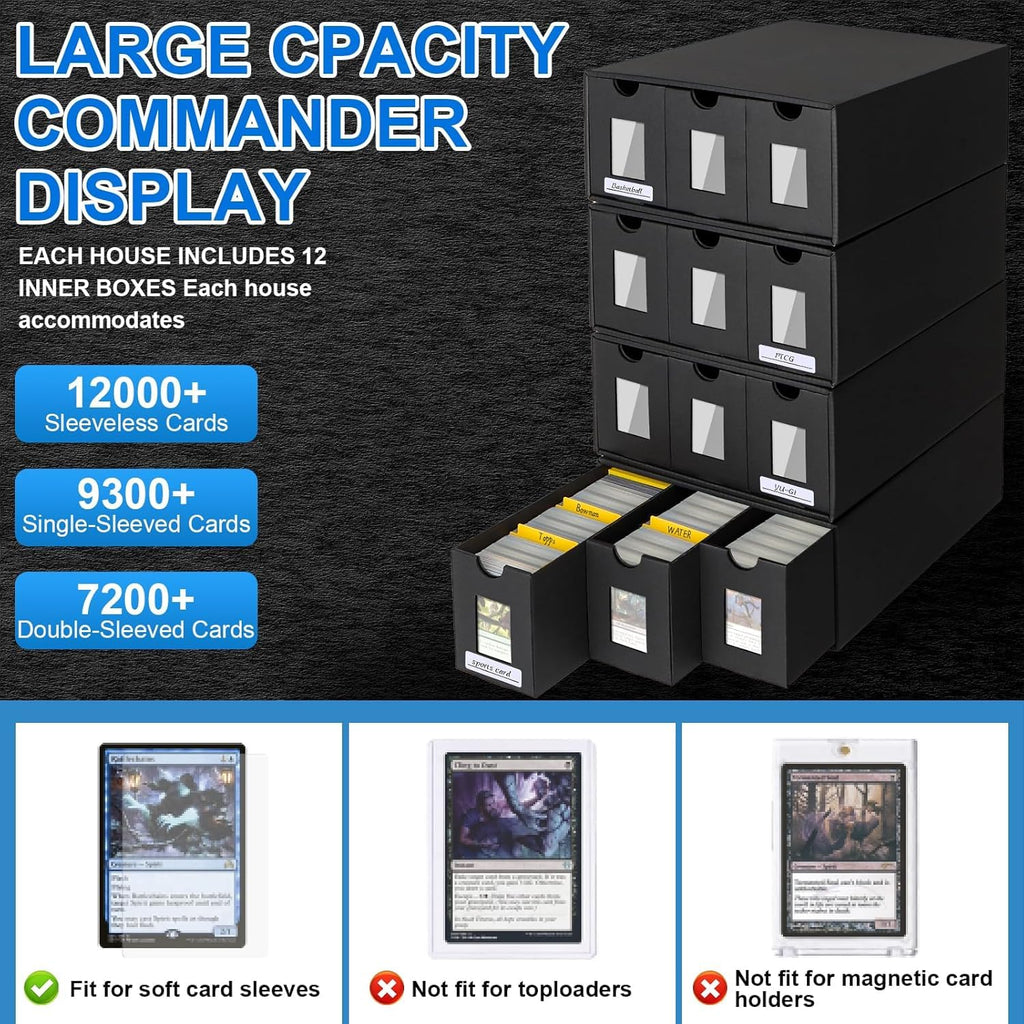Trading Card Storage Box for Commander Display, 9000+ Trading Card Organizer, Card Deck Box Cardboard with 48 Dividers, Labels & Tapes, Compatible with TCG, PTCG, MTG and Sport Cards