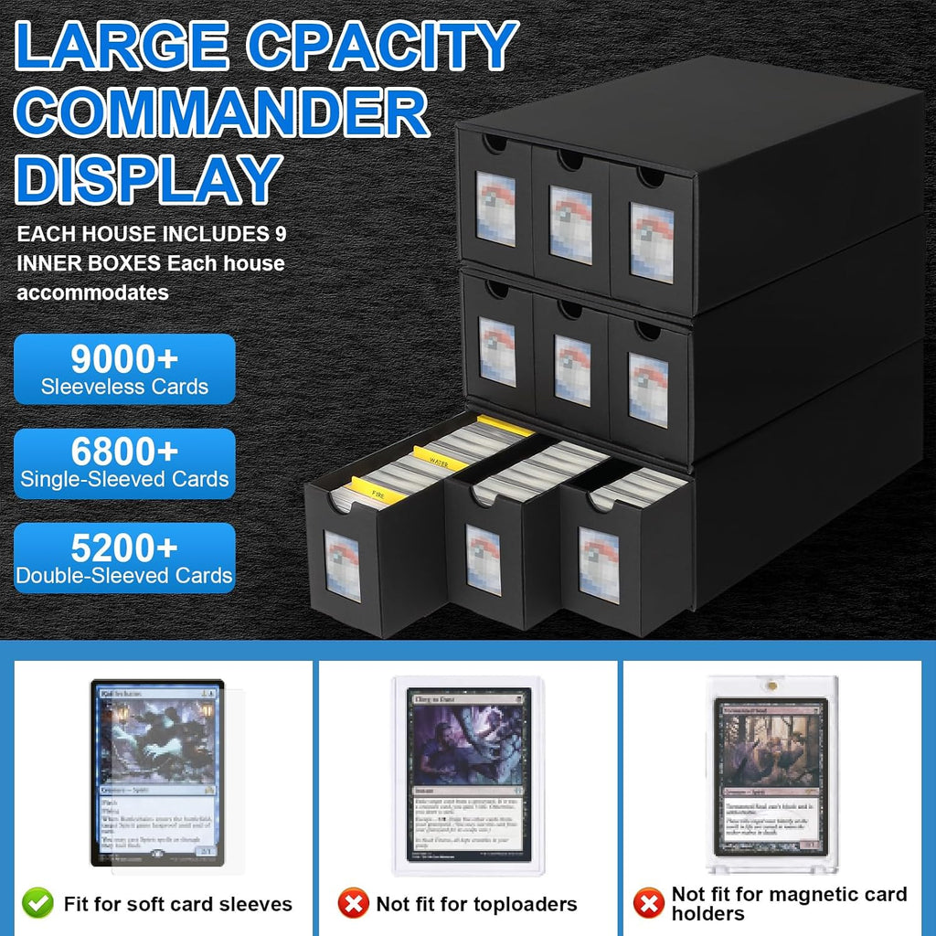 Trading Card Storage Box for Commander Display, 9000+ Trading Card Organizer, Card Deck Box Cardboard with 48 Dividers, Labels & Tapes, Compatible with TCG, PTCG, MTG and Sport Cards