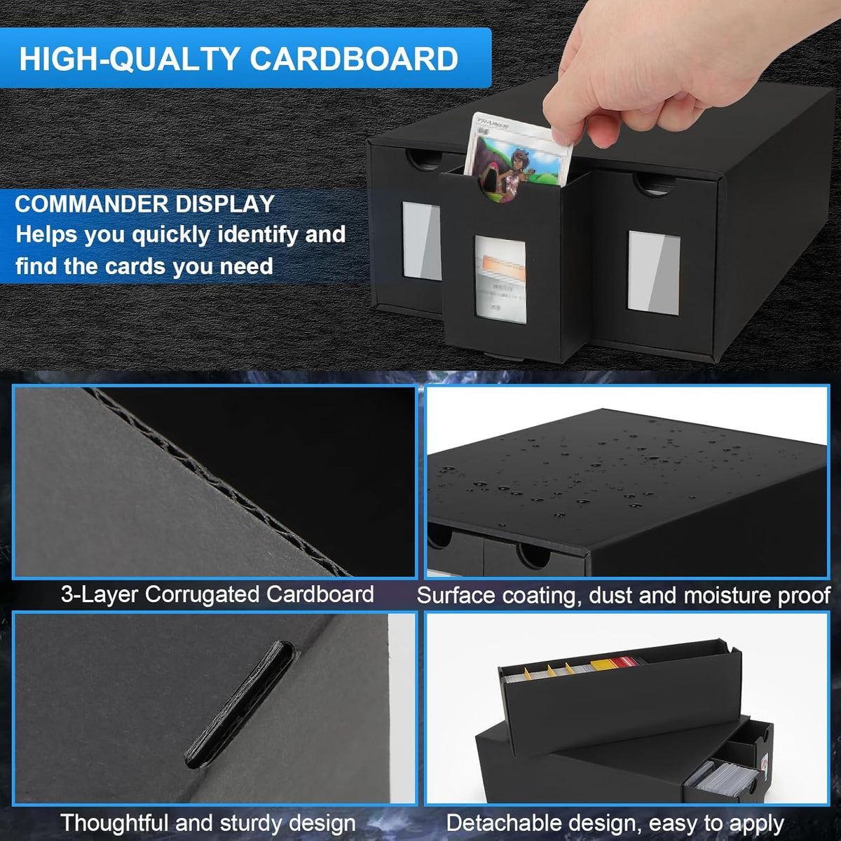 Trading Card Storage Box for Commander Display, 9000+ Trading Card Organizer, Card Deck Box Cardboard with 48 Dividers, Labels & Tapes, Compatible with TCG, PTCG, MTG and Sport Cards