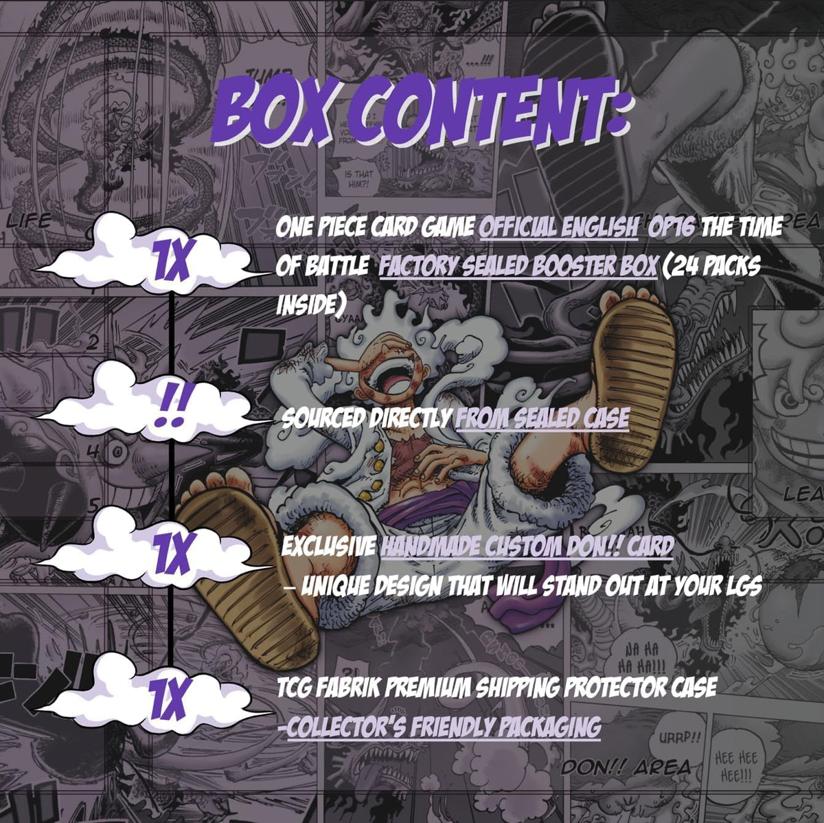 OP16 The Time of Battle Booster Box English OP-16 Booster Box Display Factory Sealed for OP16 Paramount War Theme One Piece Cards English TCG (24 Packs) + Custom TCG Fabrik Don Card