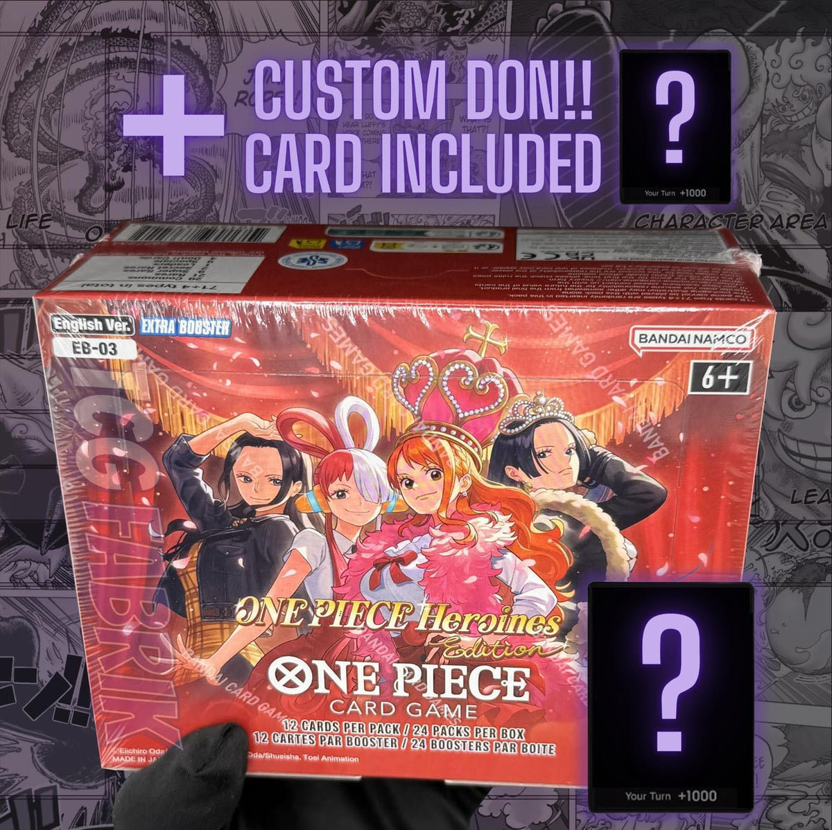 EB03 Heroines Edition Booster Box English EB-03 Extra Booster Box Display Factory Sealed for EB03 One Piece Cards English TCG (24 Packs) + Custom TCG Fabrik Don Card