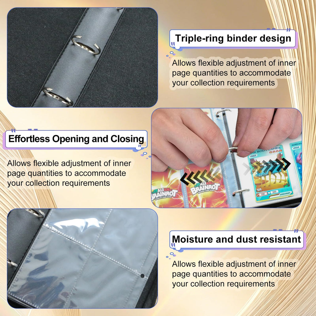 9 Pocket Zipper Trading Card Binder, PU Material Holds 1080 Cards