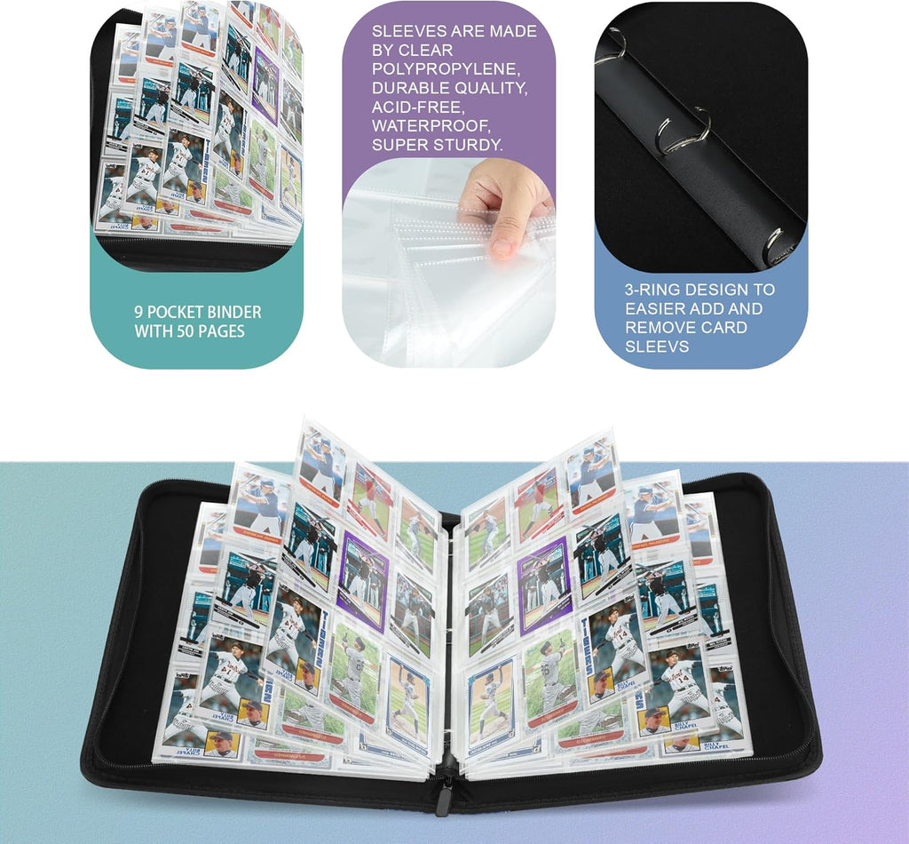 9 Pockets Trading Card Binder with Sleeves Card Organizer, 900 Double Sided Pocket PU Card Collection Binder, Baseball Binder,for Sports Card, MTG, TCG Yugioh Card (Blue)