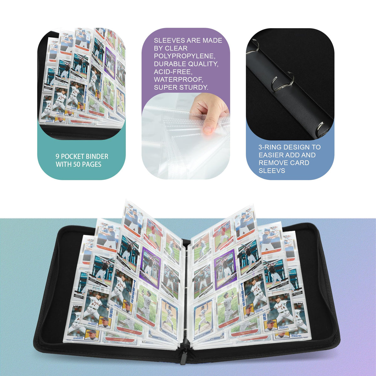 9 Pockets Trading Card Binder with Sleeves Card Organizer, 900 Double Sided Pocket PU Card Collection Binder, Baseball Binder,for Sports Card, MTG, TCG Yugioh Card (Blue)