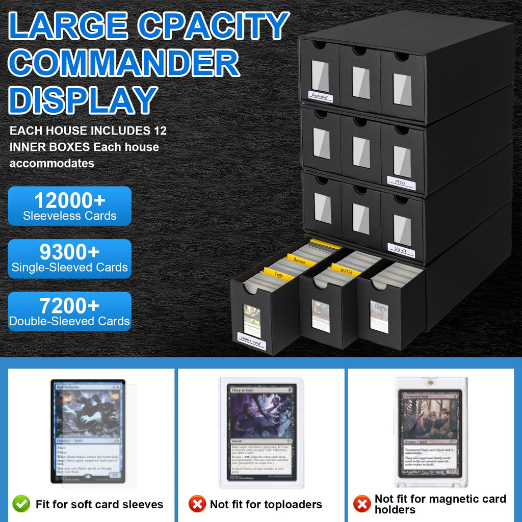 Trading Card Storage Box for Commander Display, 9000+ Trading Card Organizer, Card Deck Box Cardboard with 48 Dividers, Labels & Tapes, Compatible with TCG, PTCG, MTG and Sport Cards