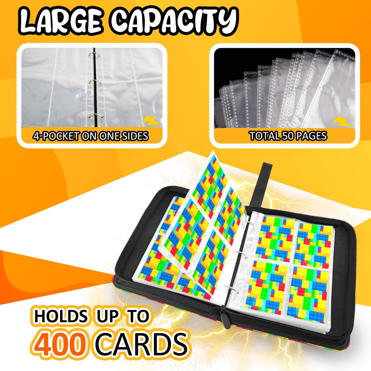 Collectible Trading Card Albums, 400 Card Holders with 50 Removable Sleeves, Portable 4 Pockets Collectible Trading Card Binder, PU Card Collection Binder for MTG, TCG, Sport Card, Game Cards