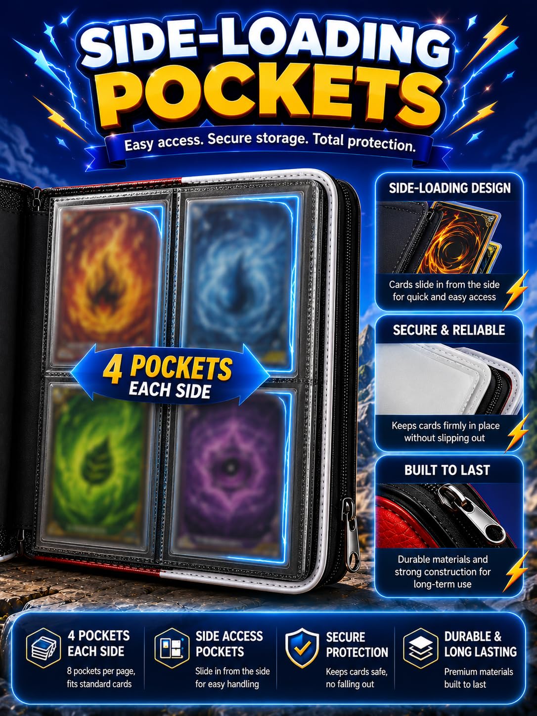 Collectible Trading Card Albums, 400 Card Holders with 50 Removable Sleeves, Portable 4 Pockets Collectible Trading Card Binder, PU Card Collection Binder for MTG, TCG, Sport Card, Game Cards