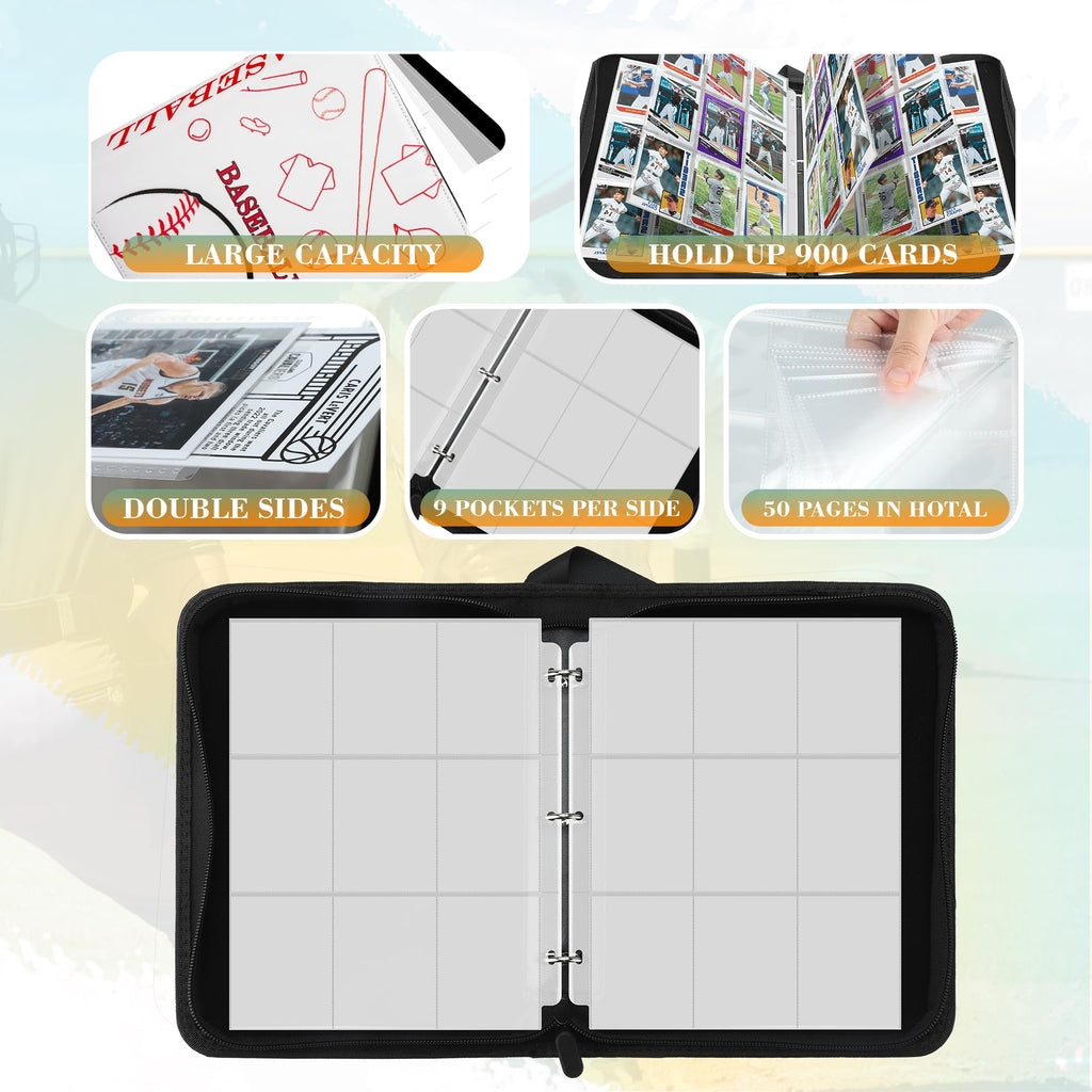 9 Pockets Trading Card Binder with Sleeves Card Organizer, 900 Double Sided Pocket PU Card Collection Binder, Baseball Binder,for Sports Card, MTG, TCG Yugioh Card (Blue)