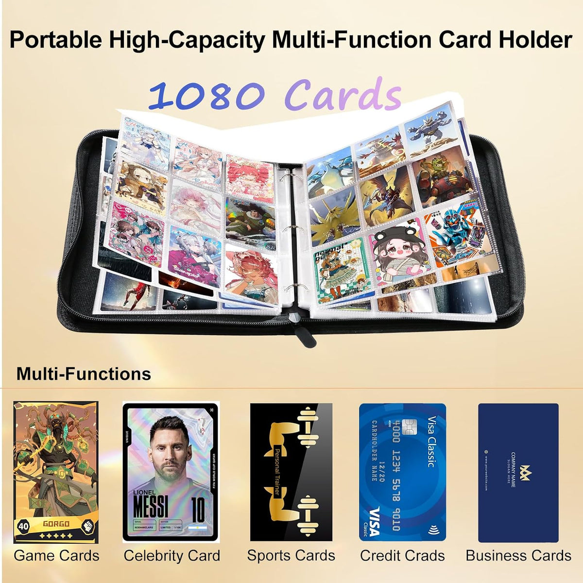 9 Pocket Zipper Trading Card Binder, PU Material Holds 1080 Cards