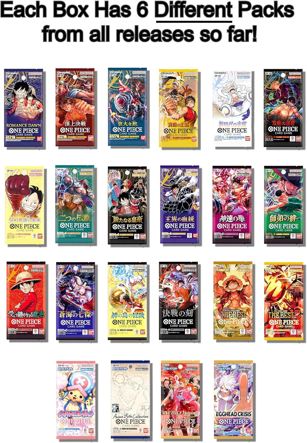 One Piece Cards Collection Starter Box │ 6 Sealed Booster Packs (Japanese) │ Assorted Sets – No Duplicate Packs │ 22 Releases & Growing │ 1 in 20 Boxes Contains a Graded Card │ by Slabs of Heat
