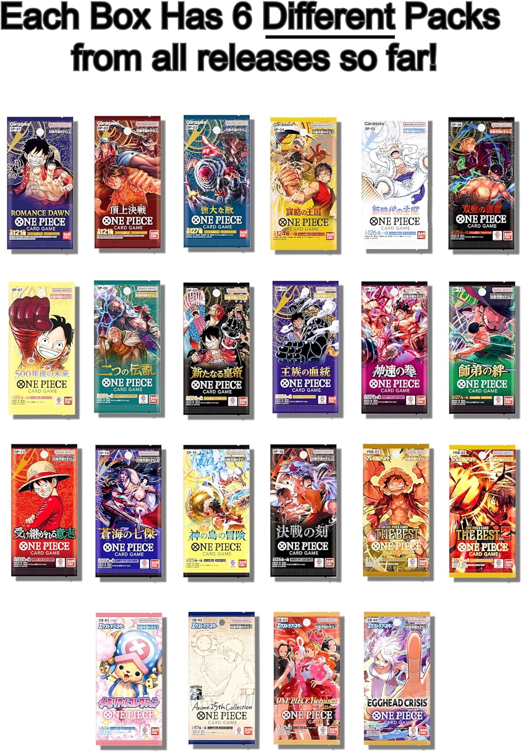 One Piece Cards Collection Starter Box │ 6 Sealed Booster Packs (Japanese) │ Assorted Sets – No Duplicate Packs │ 22 Releases & Growing │ 1 in 20 Boxes Contains a Graded Card │ by Slabs of Heat